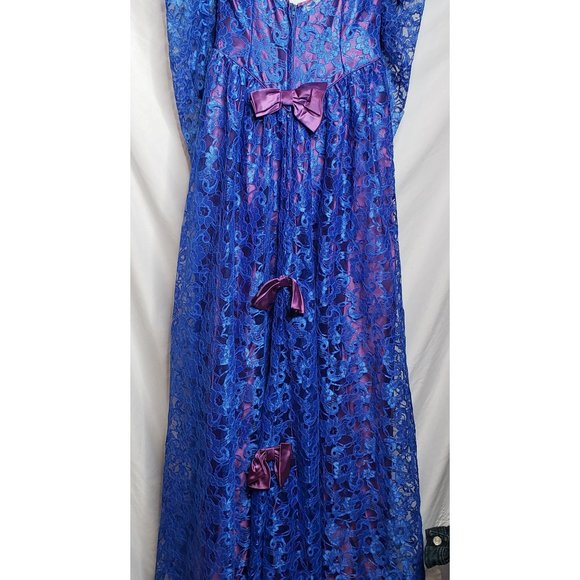 Vintage Formal Blue Lace Dress Purple Trim And Bows Union Made Prom 80s Retro - Picture 8 of 10